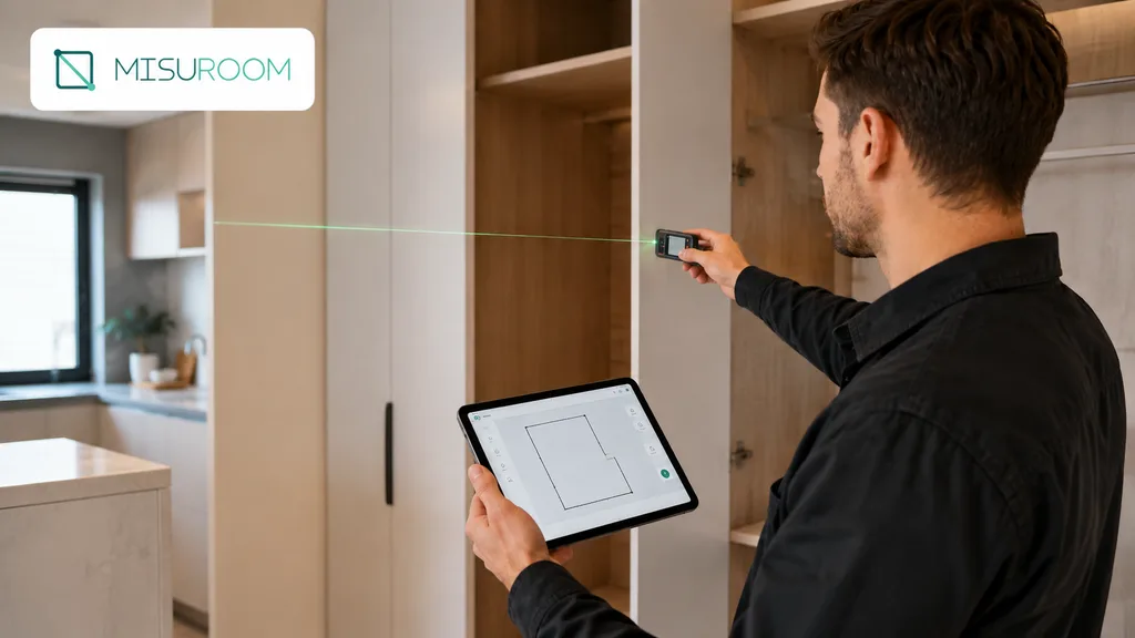Immagine generata con IA: tecnico che misura una cucina moderna con distanziometro laser e tablet durante un sopralluogo di ristrutturazione