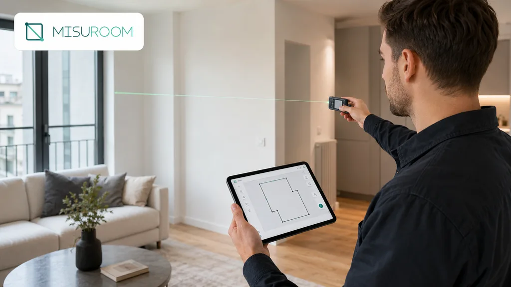 Immagine generata con IA: tecnico che rileva le misure di un soggiorno con distanziometro laser e tablet