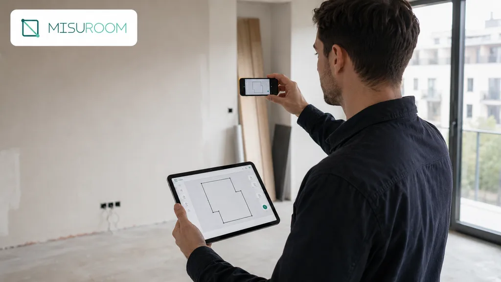 Immagine generata con IA: documentazione fotografica e planimetria di un cantiere in ristrutturazione, ripresi da tablet e telefono