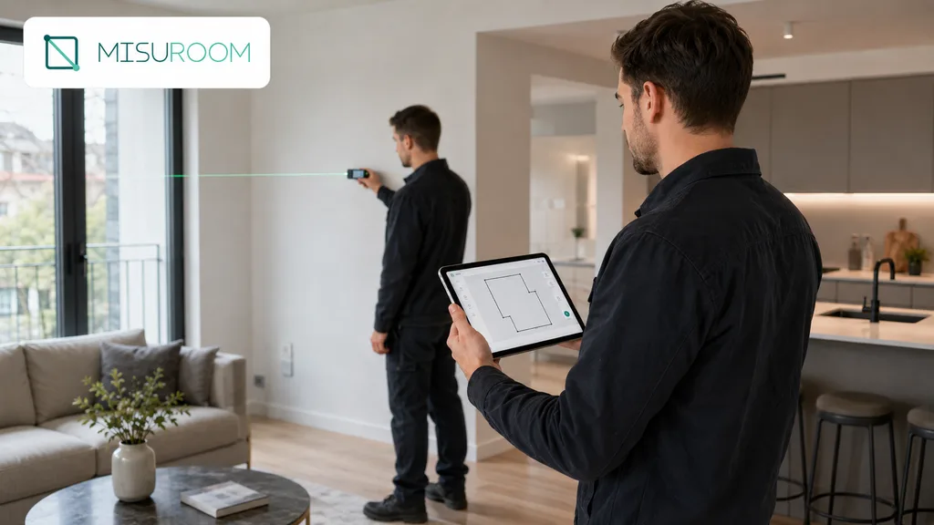 Immagine generata con IA: due tecnici che collaborano sul campo durante un rilievo con laser e tablet